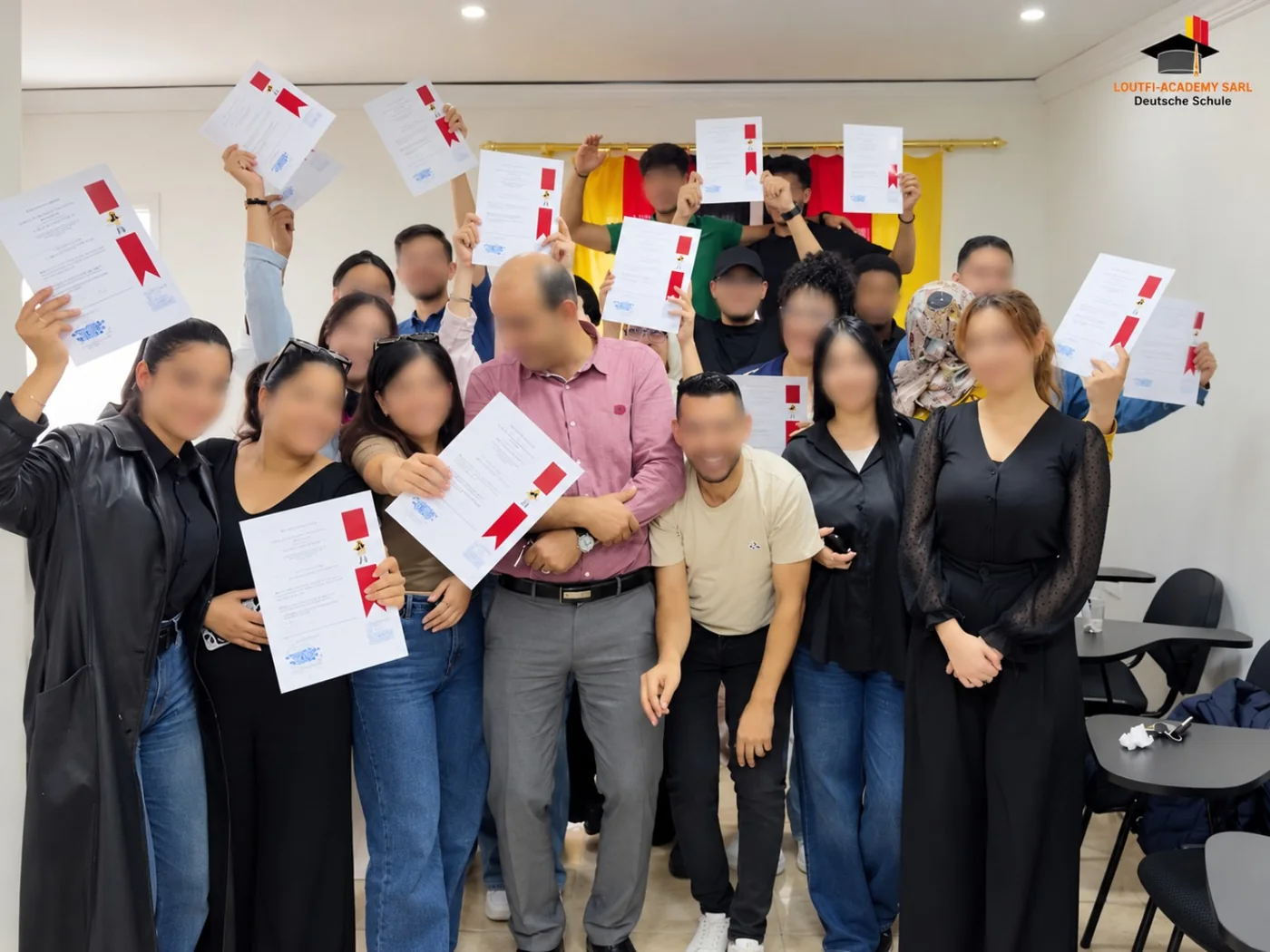 Gruppenfoto von Lernenden bei der Loutfi Academy, Gesichter unscharf